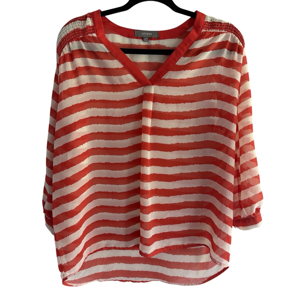 Umgee‎ Orange & White Sheer Striped Long Sleeve Top Size M